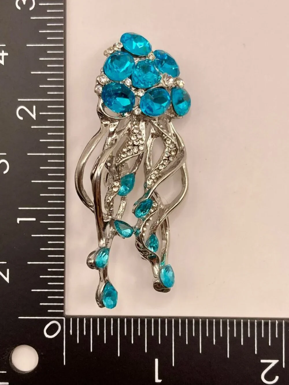 Silver-Tone Jellyfish Brooch Blue Rhinestones & Sparkling Clear Accents -85B